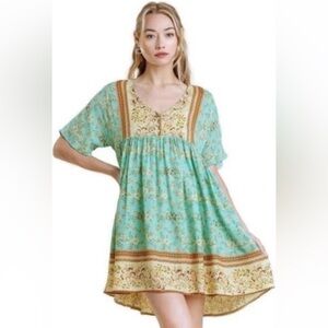 Umgee Women’s Floral Print Boho Baby Doll Dress With Pockets Size Small